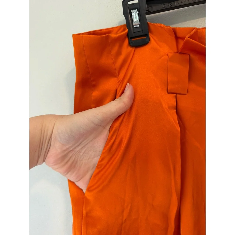 L'AGENCE Orange Satin Wide Leg Pleated Trousers High Rise Pants Size 14 NEW